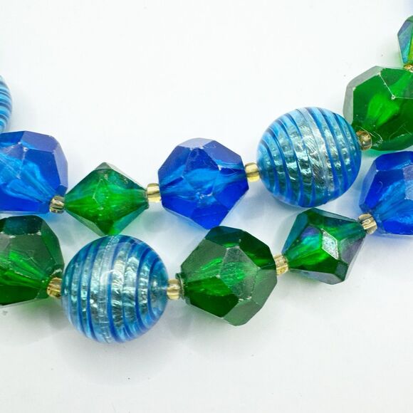 West Germany Vintage Blue Green Lucite Faceted Beaded Necklace 2 Strand MCM - Picture 10 of 16